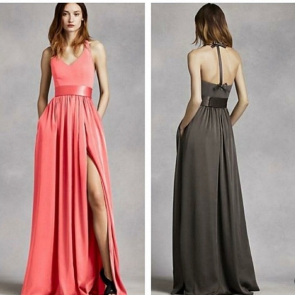 Vera Wang White Halter V-Neck Dress w/Sash Sunset Sz 10 NWT Bows Bridesmaid Chic - Picture 2 of 11